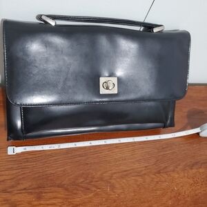Vintage 90s Black Structured Top Handle Bag Turn Lock Minimalist Shoulder Purse